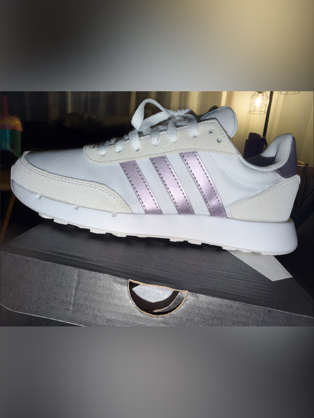 Women's White Sneaker with Metallic Lavender Stripes